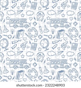 Seamless pattern with school supplies and creative elements in sketch style on a white checkered background. Back to school background