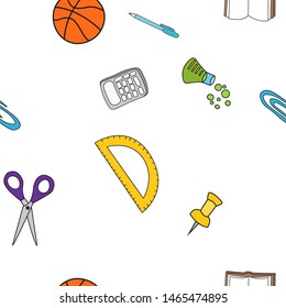 Seamless pattern of school supplies in Doodle style. Vector illustration.