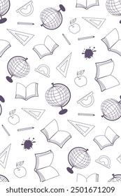 Seamless pattern with school supplies in doodle style. Monochrome hand drawn vector illustration.