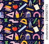 Seamless pattern with school supplies and education. Back to school kids education concept. Backpack, book, paints, ruler, pencil, brushes. Vector illustration isolated on background