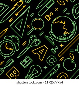 Seamless pattern with school supplies and education elements. Line icons pattern. Back to school background.