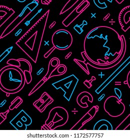 Seamless pattern with school supplies and education elements. Line icons pattern. Back to school background.