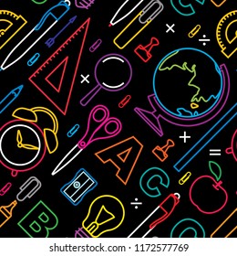 Seamless pattern with school supplies and education elements. Line icons pattern. Back to school background.