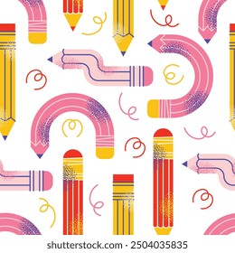 Seamless pattern with school supplies and education. Back to school kids education concept. Backpack, book, paints, ruler, pencil, brushes. Vector illustration isolated on background