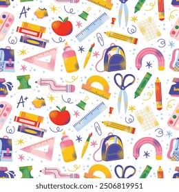 Seamless pattern with school supplies and education. Back to school kids education concept. Backpack, book, paints, ruler, pencil, brushes. Vector illustration isolated on background