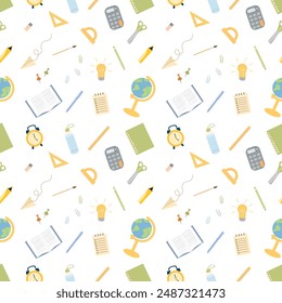 Seamless pattern with school supplies. Equipment for learning on white background. Back to school concept. Vector repeated background for wrapping, packaging, textile prints, etc.