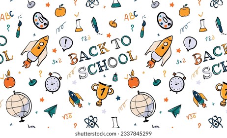 Seamless pattern with school supplies. Hand drawn, doodle illustration. Vector illustration. back to school