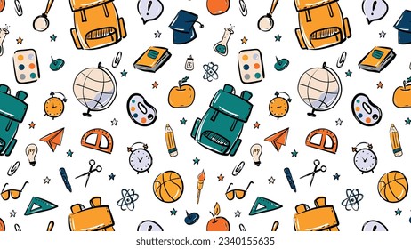 Seamless pattern with school supplies. Hand drawn, doodle illustration. Vector illustration. back to school