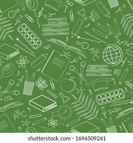 Seamless pattern with school supplies. Icons of stationery for study on a green background. Back to school concept. Linear vector drawing. Outline symbols. Design of paper, wallpaper, website.