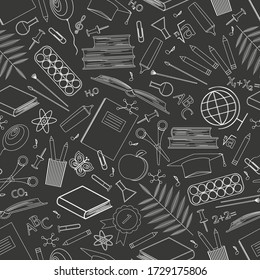 Seamless pattern with school supplies. Icons of stationery for study on a black background. Back to school concept. Linear vector drawing. Outline symbols. Design of paper, wallpaper, website. Vector