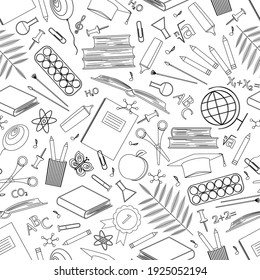 Seamless pattern with school supplies. Icons of stationery for study on white background. Back to school concept. Linear vector drawing. Outline symbols. Design of paper, coloring book, sale, store