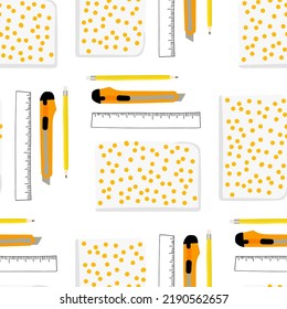 Seamless pattern with school supplies illustration notebook, pencil,  knife and rule white yellow color