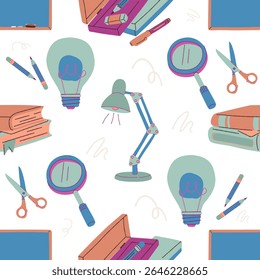 Seamless pattern of school supplies including lamp, light bulb, magnifier, books, pencil case, pens, and scissors on transparent background with doodle style. - Powered by Shutterstock - Get 15% off with code: PIKWIZARD15