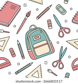 Nahtloses Muster von Schulmaterial, einschließlich Rucksack, Bücher, Bleistifte und Scheren in sanften Rot- und Grüntönen.