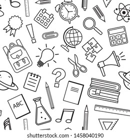 Seamless pattern with school supplies isolated on white background. Black line art. Vector illustration