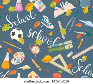 Seamless pattern with school supplies and lettering.