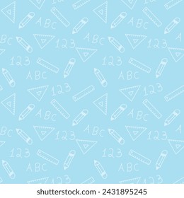 Seamless pattern of school supplies like pencils, rulers, and text "ABC, 123" on a light blue background.