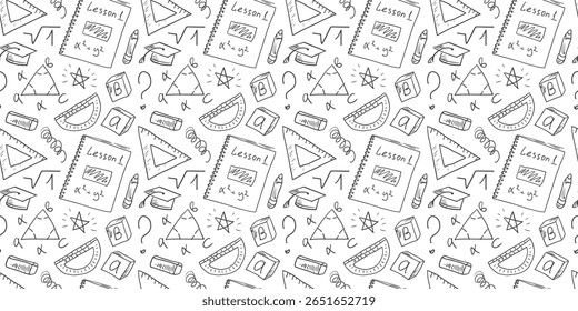 Patrón sin fisuras con útiles escolares, fórmulas matemáticas, problemas de geometría, Regla, lápiz y borrador dibujado a mano en estilo doodle. Concepto de Educación, regreso a la escuela.