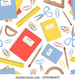 Seamless pattern with school supplies - notebooks,paper clips,rulers,scissors,pencils.Changeable pattern background.Bright color drawing in flat style on white background.School and student education.