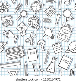 Seamless pattern with school supplies on checkered background. Vector illustration