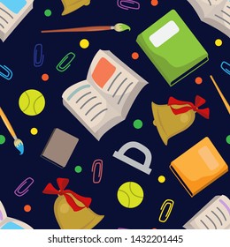 Seamless pattern with school supplies on dark background. Vector illustration. Simple design. 