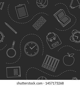 Seamless pattern with school supplies on gray background, vector illustration