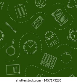 Seamless pattern with school supplies on green background, vector vector illustration