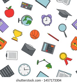 Seamless pattern with school supplies on white background, vector illustration