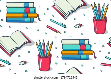 Seamless pattern with school supplies on a white background. Vector illustration