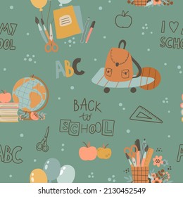 Seamless pattern with school supplies on sea green background. Blue digital paper with school bag, books, back to school phrase, skate and globe. Vector childish background for fabric, textile.