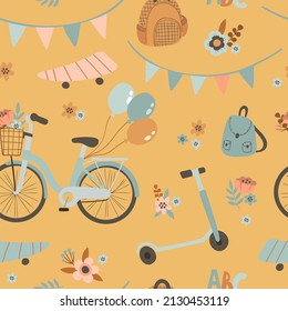 Patrón sin problemas con los suministros escolares en el fondo de la mostaza.  Papel digital amarillo con bolso escolar, bicicleta, globos, patín y flores. Fondo infantil vectorial para tela o papel de rayado.