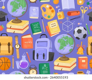 Seamless pattern, school supplies on blue background. Globe, backpack, book, ball, palette, watch, stationery, chemical flasks. Cute childish ornament for textile, paper, print.