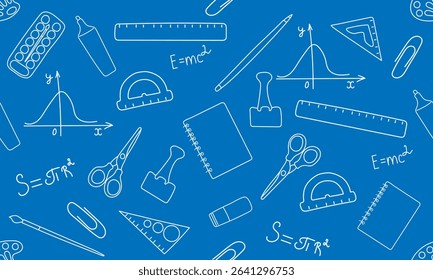 Seamless pattern with school supplies on a blue background. An element for printing, texture,
fabric, wrapping,wallpaper. Vector illustration