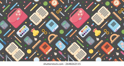 Seamless pattern with school supplies on black background. Back to school concept texture