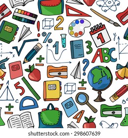 Seamless pattern with school supplies on a white background. Vector illustration