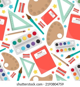 Seamless pattern with school supplies: paints,brushes,rulers,albums,palettes,pencils.Changeable pattern background.Bright color drawing in flat style on white background. School and student education.