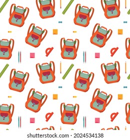 Seamless pattern with school supplies, pencils and red backpacks. Cartoon vector illustration in childish style isolated on white background. Back to school pattern for textile and design.