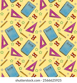 Seamless Pattern of School Supplies with Pencils, Journals, and Rulers