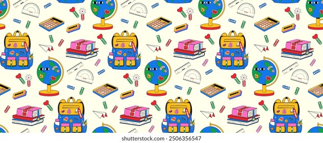 Seamless pattern with school supplies in retro flat style. Funny hand drawn school bag, globe, stack of books, creative pencils, paper clips and other supplies. Back to school, education concept.