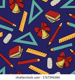 Seamless pattern of school supplies. Rulers, eraser, pencils, books. Cartoon style. Stock illustration. Design for wallpaper, fabric, textile, packaging.