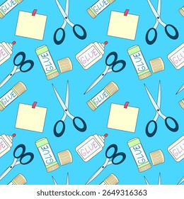 Seamless pattern of school supplies with scissors, glue sticks, and sticky notes illustration on blue background. For back to school theme, school stationery design, textile print, and wrapping paper.
