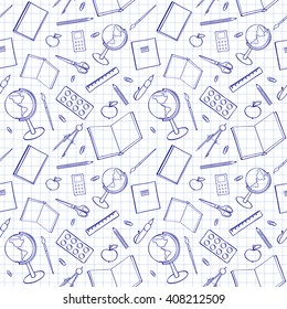 Seamless pattern with school supplies. Sketch-like illustration of books, pens and other objects for studies. Background imitating a sheet of paper from a copy-book. Already in swatches.