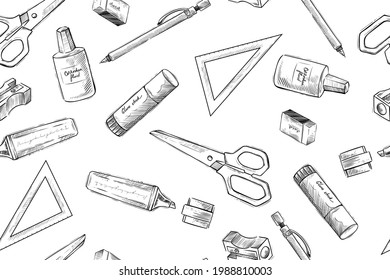 Seamless pattern of school supplies, stationery, monochrome, vector