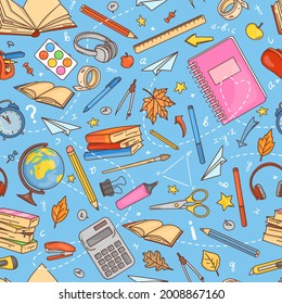 Seamless pattern with school supplies and stationery. Colorful vector illustration on a blue background. Doodle style.