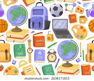 Seamless pattern, school supplies, stickers on white background. Globe, backpack, book, ball, palette, laptop, watch, stationery. Cute childish ornament for fabric, paper, print.