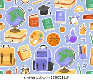 Seamless pattern, school supplies, stickers on blue background. Globe, backpack, book, ball, palette, stationery. Cute childish ornament for fabric, paper, print.