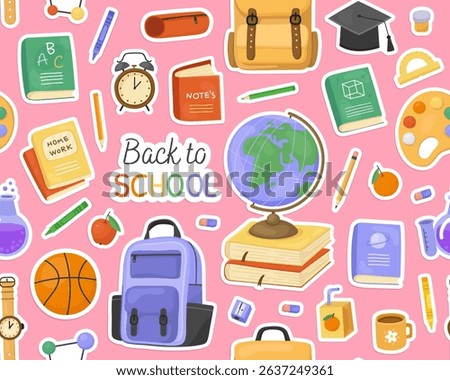 Seamless pattern, school supplies, stickers on pink background. Globe, backpack, watch, book, ball, palette, stationery. Cute childish ornament for fabric, paper, print.