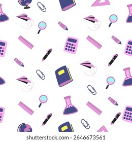 Seamless pattern of school supplies such as calculators, books, rulers, pens, and magnifying glasses on transparent background. For back to school designs, kids’ products, and fabric prints.