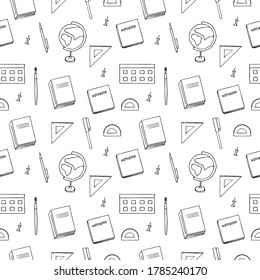 Suministros escolares de patrones sin soldadura, ilustración vectorial, dibujo manual