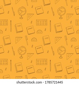 Seamless pattern school supplies, vector illustration, hand drawing, orange color